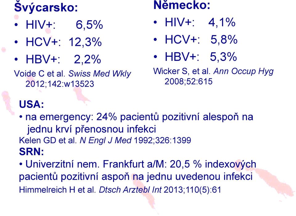 Ann Occup Hyg 2008;52:615 USA: na emergency: 24% pacientů pozitivní alespoň na jednu krví přenosnou infekci Kelen