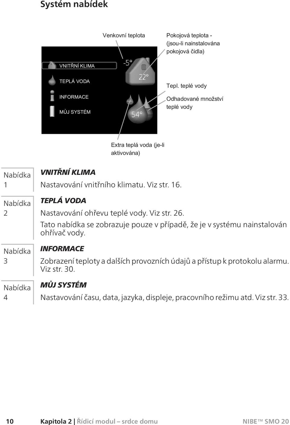 Tato nabídka se zobrazuje pouze v případě, že je v systému nainstalován ohřívač vody.