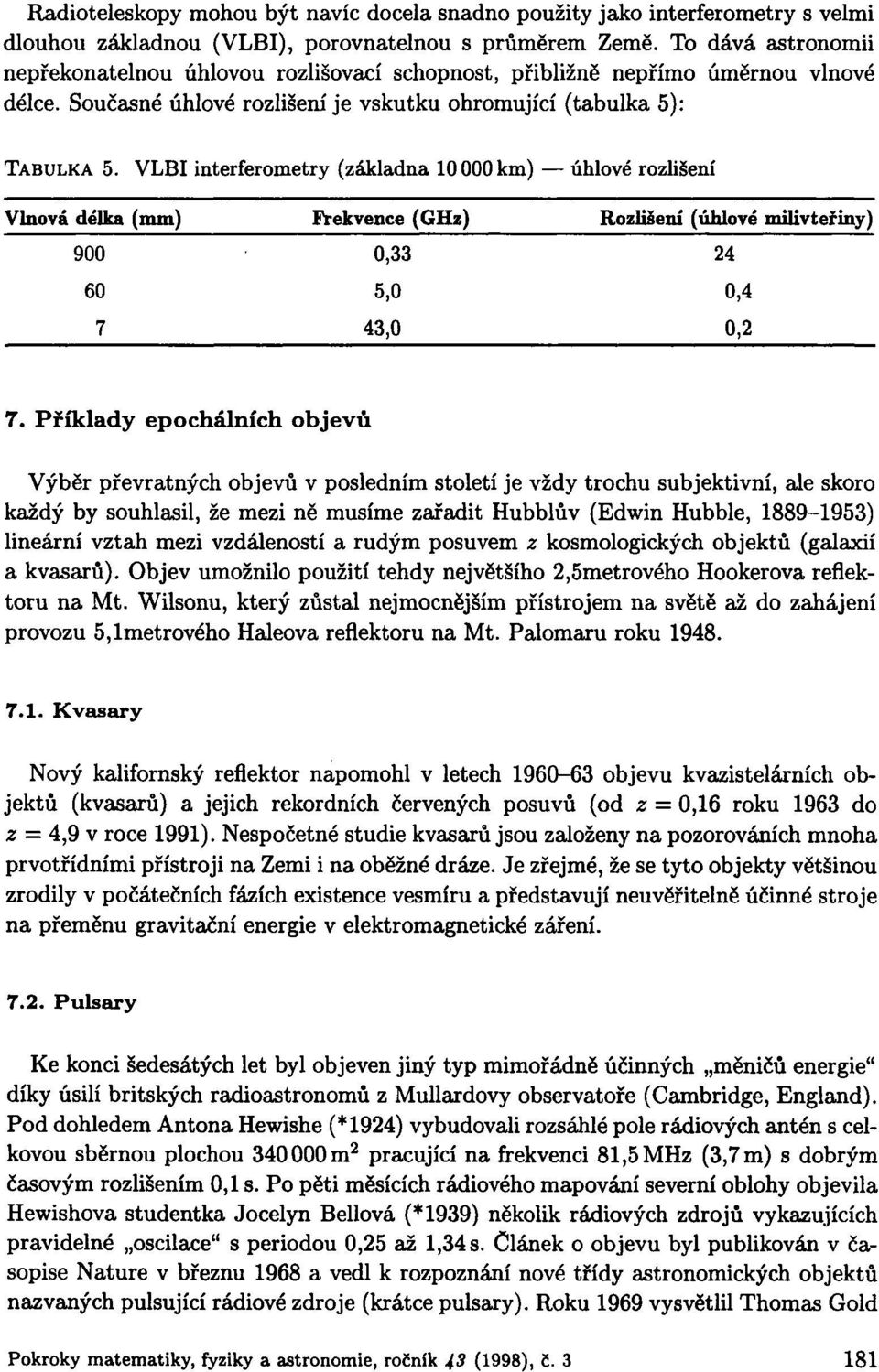 VLBI interferometry (základna 10 000 km) úhlové rozlišení Vlnová délka (mm) Fгekvence (GHz) Rozlišení (úhlové milivteřiny) 900 0,33 24 60 5,0 0,4 7 43,0 0,2 7.