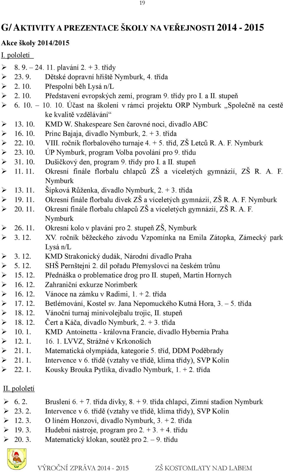 10. KMD W. Shakespeare Sen čarovné noci, divadlo ABC 16. 10. Princ Bajaja, divadlo Nymburk, 2. + 3. třída 22. 10. VIII. ročník florbalového turnaje 4. + 5. tříd, ZŠ Letců R. A. F. Nymburk 23. 10. ÚP Nymburk, program Volba povolání pro 9.