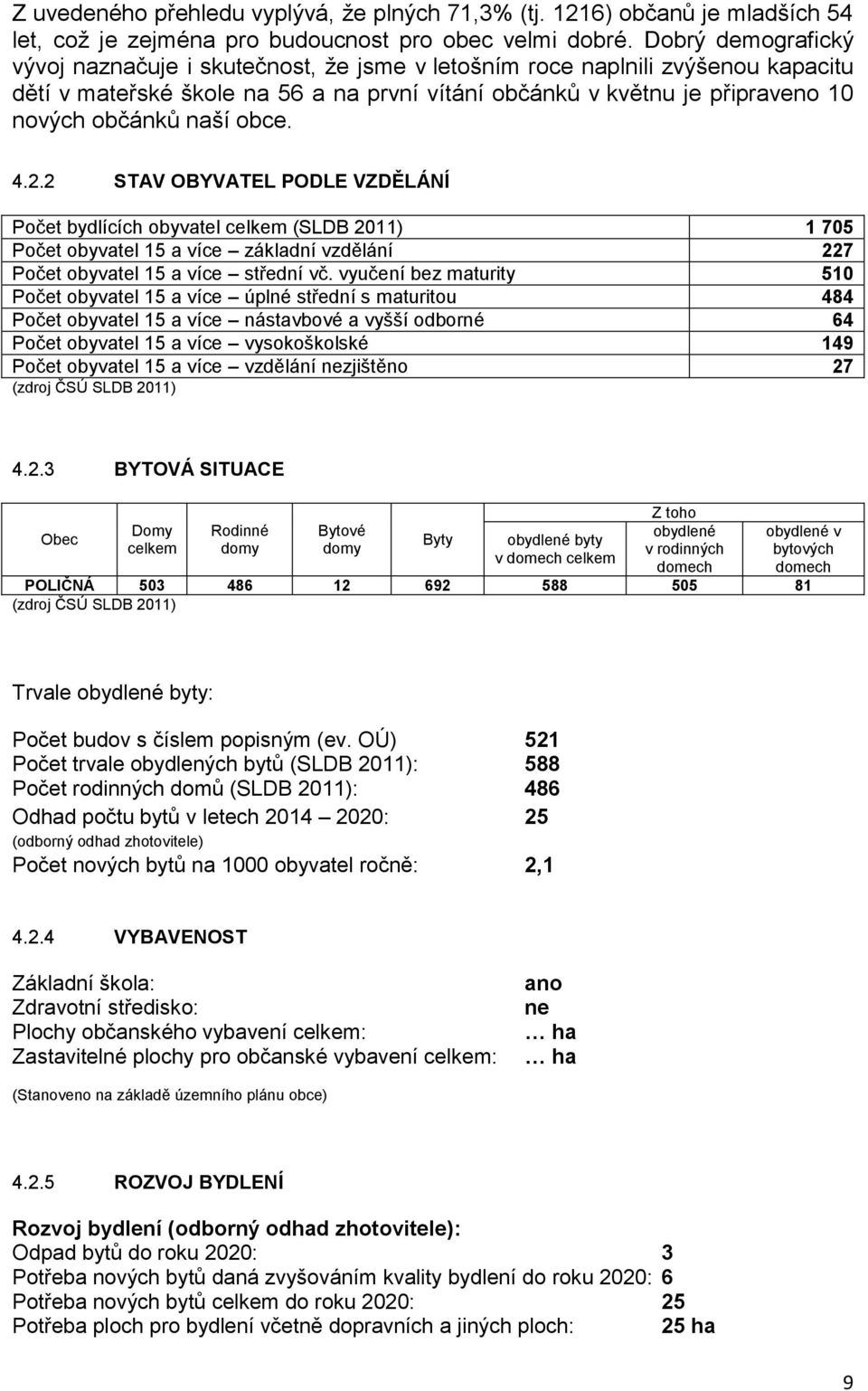 obce. 4.2.2 STAV OBYVATEL PODLE VZDĚLÁNÍ Počet bydlících obyvatel celkem (SLDB 2011) 1 705 Počet obyvatel 15 a více základní vzdělání 227 Počet obyvatel 15 a více střední vč.