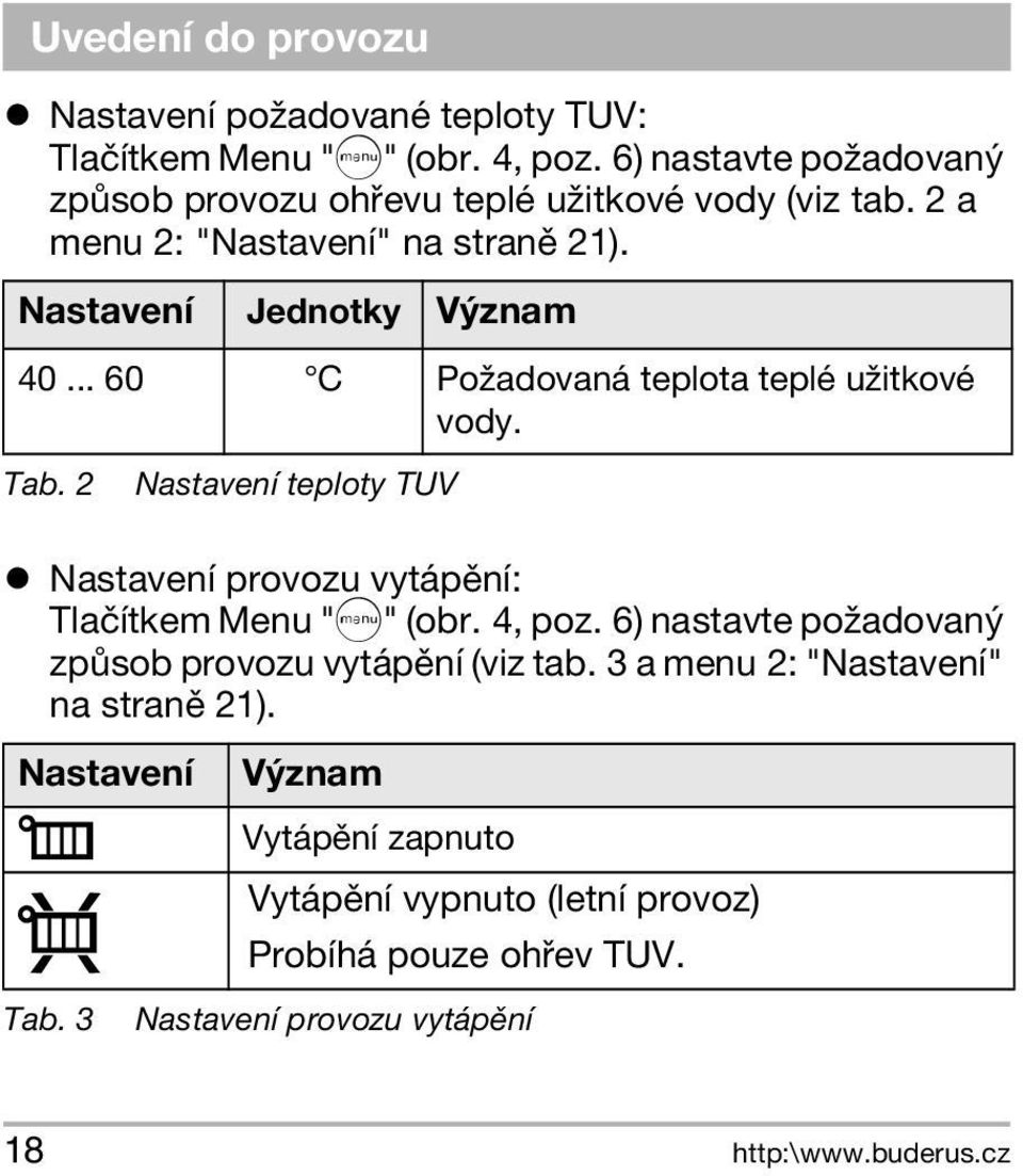 .. 60 C Po adovaná teplota teplé u itkové vody. Tab. 2 Nastavení teploty TUV Nastavení provozu vytápìní: Tlaèítkem Menu "E" (obr. 4, poz.