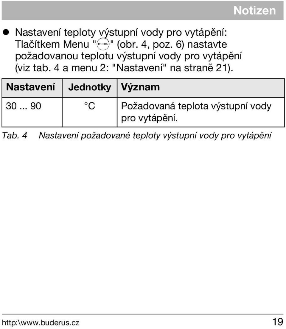 4 a menu 2: "Nastavení" na stranì 21). Nastavení Jednotky Význam Notizen 30.