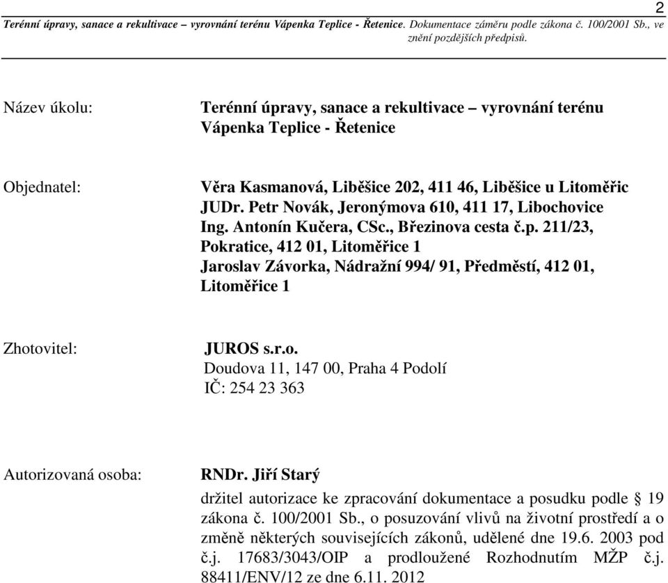 211/23, Pokratice, 412 01, Litoměřice 1 Jaroslav Závorka, Nádražní 994/ 91, Předměstí, 412 01, Litoměřice 1 Zhotovitel: JUROS s.r.o. Doudova 11, 147 00, Praha 4 Podolí IČ: 254 23 363 Autorizovaná osoba: RNDr.