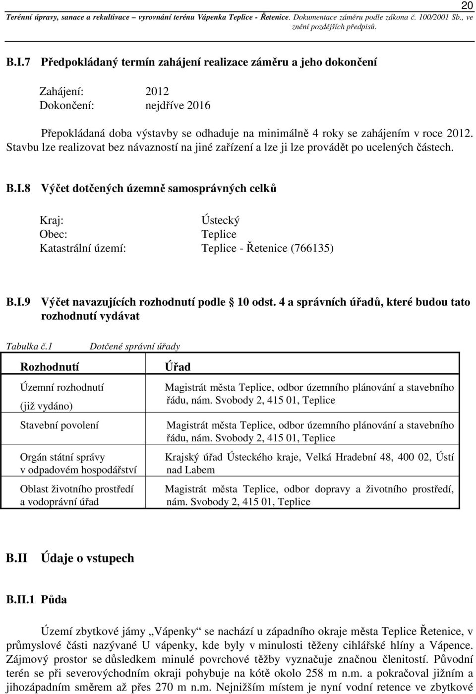 8 Výčet dotčených územně samosprávných celků Kraj: Ústecký Obec: Teplice Katastrální území: Teplice - Řetenice (766135) B.I.9 Výčet navazujících rozhodnutí podle 10 odst.