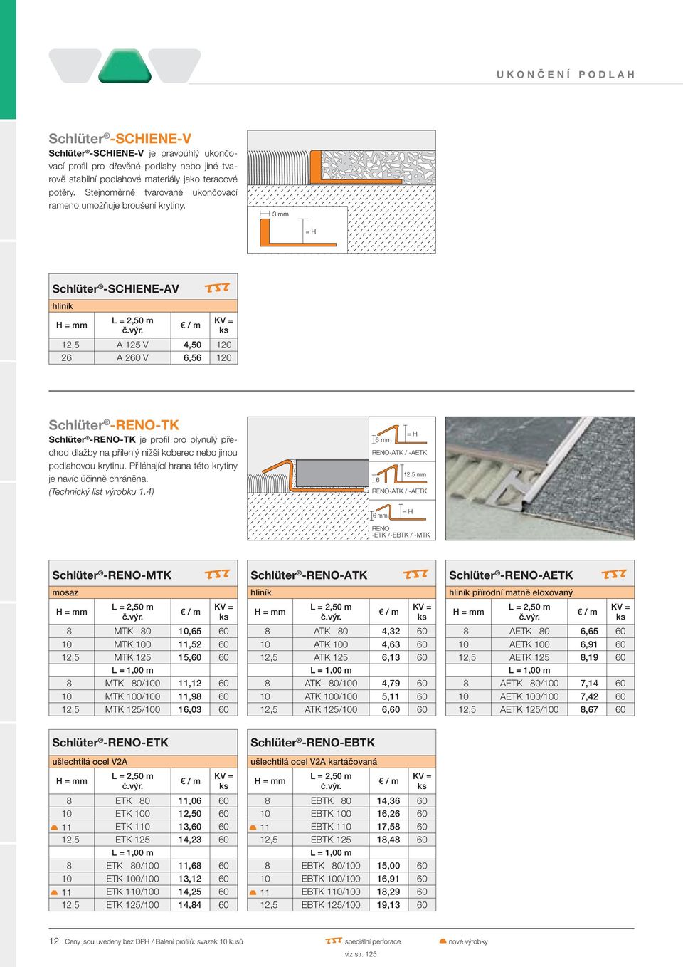 Schlüter -SCHIENE-AV hliník R 12,5 A 125 V 4,50 120 26 A 260 V 6,56 120 Schlüter -RENO-TK Schlüter - RENO- TK je profil pro plynulý přechod dlažby na přilehlý nižší koberec nebo jinou podlahovou