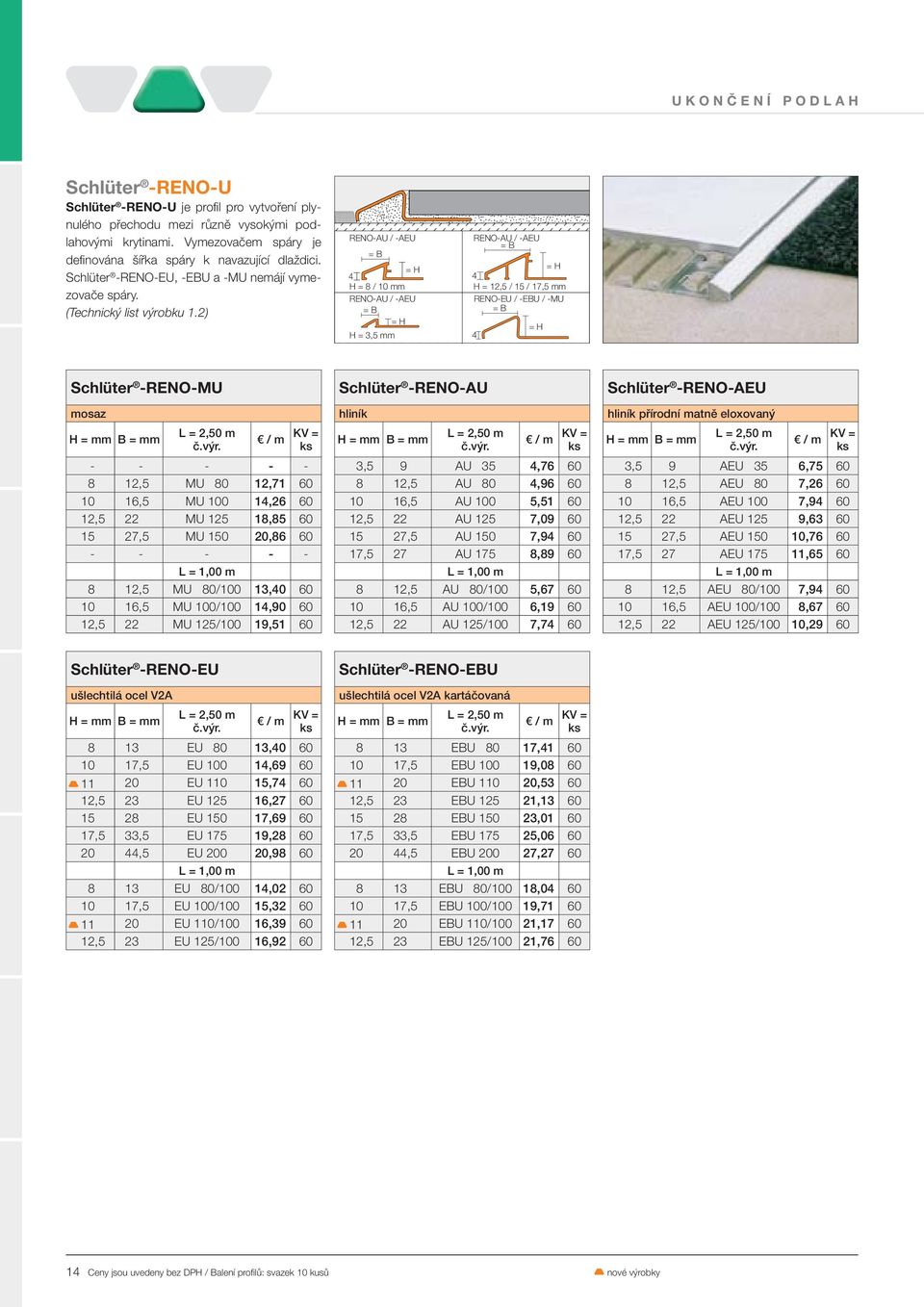 2) RENO-AU / -AEU = B = H 4 H = 8 / 10 mm RENO-AU / -AEU = B = H H = 3,5 mm RENO-AU / -AEU = B = H 4 H = 12,5 / 15 / 17,5 mm RENO-EU / -EBU / -MU = B = H 4 Schlüter -RENO-MU mosaz B = mm - - - - - 8