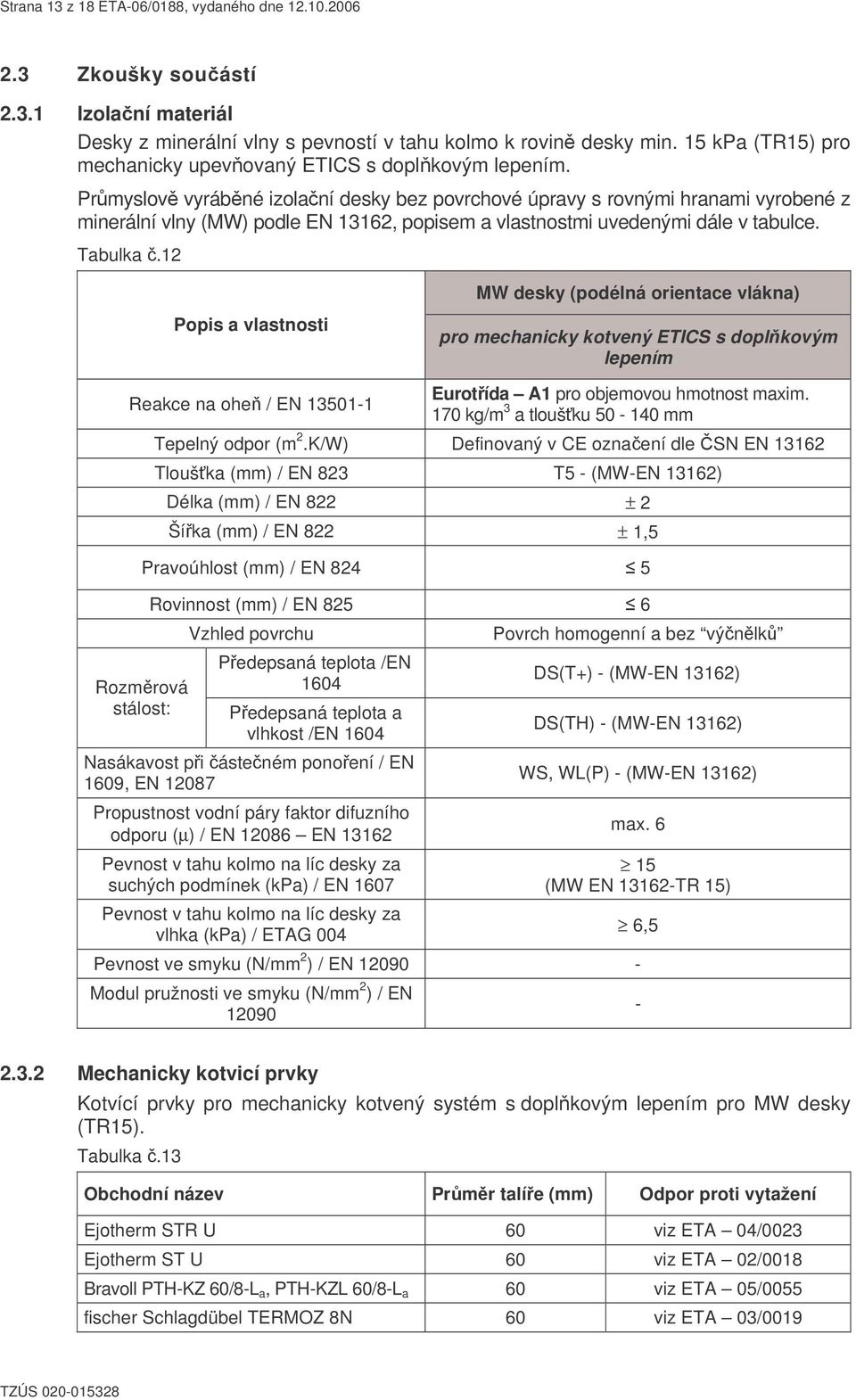 Prmyslov vyrábné izolaní desky bez povrchové úpravy s rovnými hranami vyrobené z minerální vlny (MW) podle EN 13162, popisem a vlastnostmi uvedenými dále v tabulce. Tabulka.