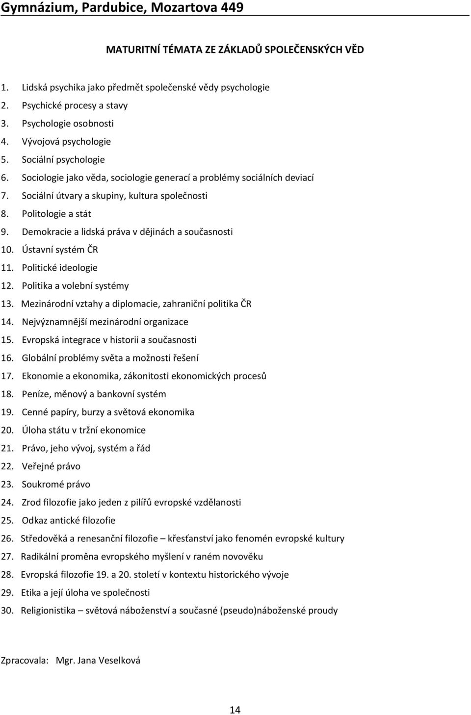 Demokracie a lidská práva v dějinách a současnosti 10. Ústavní systém ČR 11. Politické ideologie 12. Politika a volební systémy 13. Mezinárodní vztahy a diplomacie, zahraniční politika ČR 14.