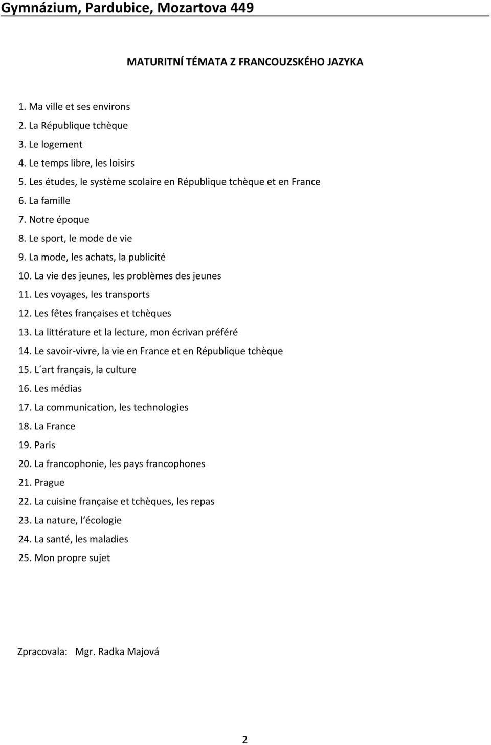 La vie des jeunes, les problèmes des jeunes 11. Les voyages, les transports 12. Les fêtes françaises et tchèques 13. La littérature et la lecture, mon écrivan préféré 14.