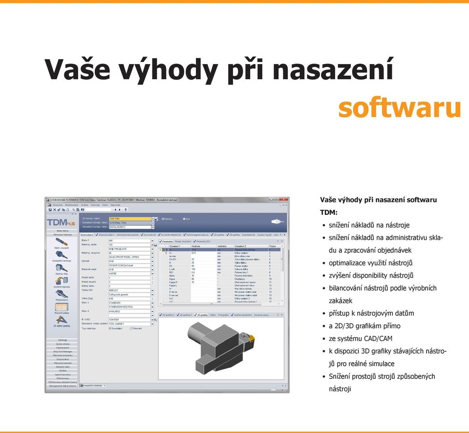 nástrojů bilancování nástrojů podle výrobních zakázek přístup k nástrojovým datům a 2D/3D grafikám přímo ze