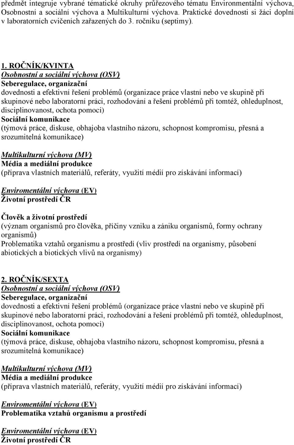 ROČNÍK/KVINTA Osobnostní a sociální výchova (OSV) Seberegulace, organizační dovednosti a efektivní řešení problémů (organizace práce vlastní nebo ve skupině při skupinové nebo laboratorní práci,