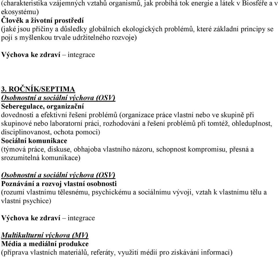 ROČNÍK/SEPTIMA Osobnostní a sociální výchova (OSV) Seberegulace, organizační dovednosti a efektivní řešení problémů (organizace práce vlastní nebo ve skupině při skupinové nebo laboratorní práci,