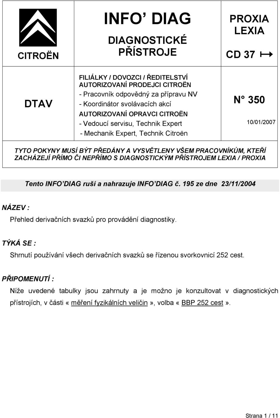 NEPŘÍMO S DIAGNOSTICKÝM PŘÍSTROJEM LEXIA / PROXIA Tento INFO DIAG ruší a nahrazuje INFO DIAG č. 195 ze dne 23/11/2004 NÁZEV : Přehled derivačních svazků pro provádění diagnostiky.