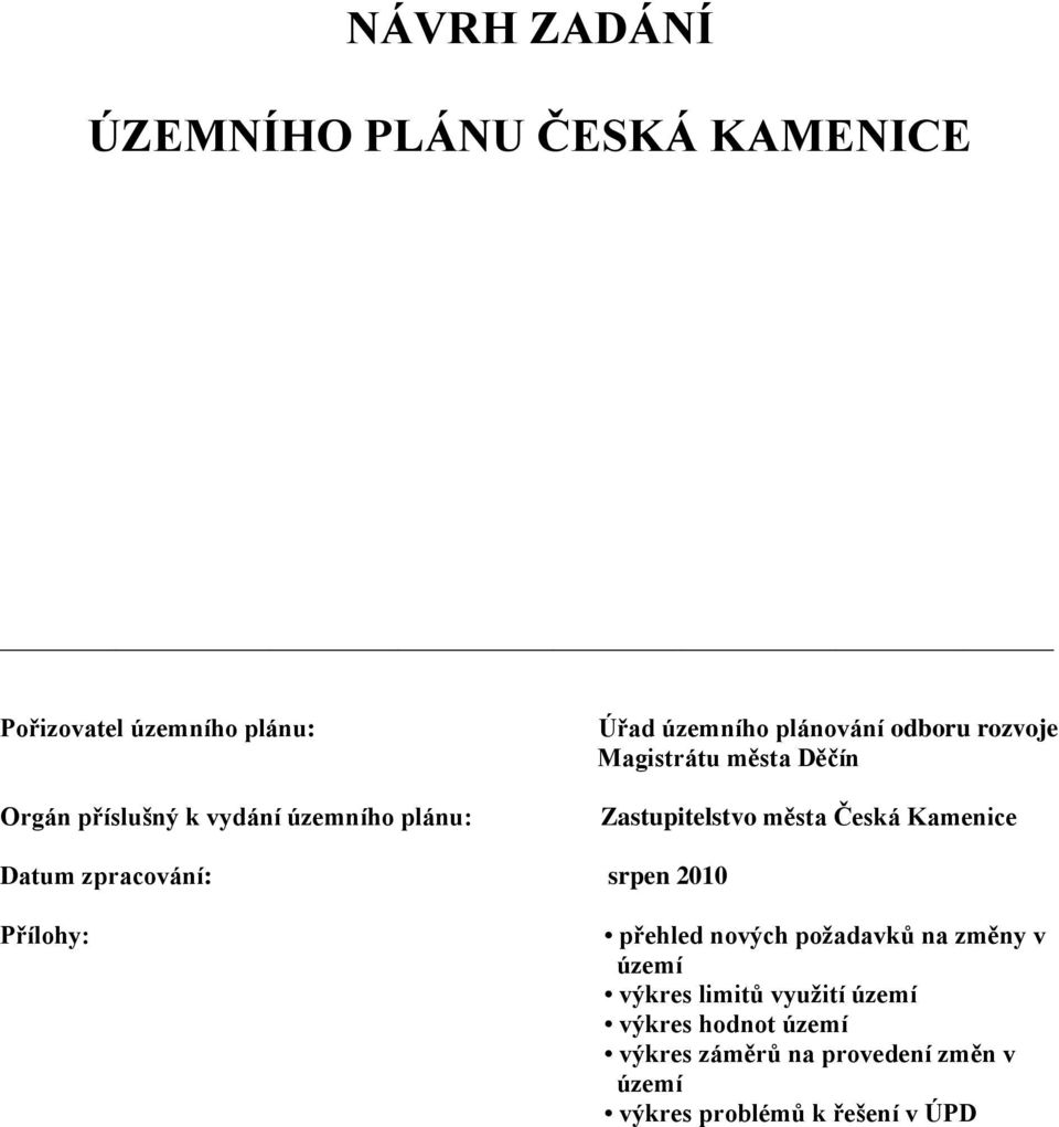 Česká Kamenice Datum zpracování: srpen 2010 Přílohy: přehled nových požadavků na změny v území výkres