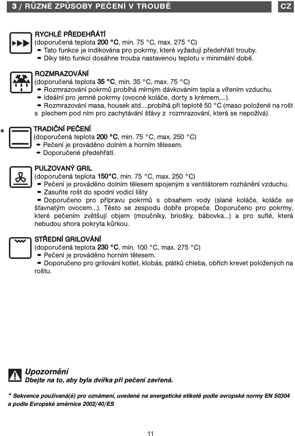 Ideální pro jemné pokrmy (ovocné koláče, dorty s krémem,...). Rozmrazování masa, housek atd.