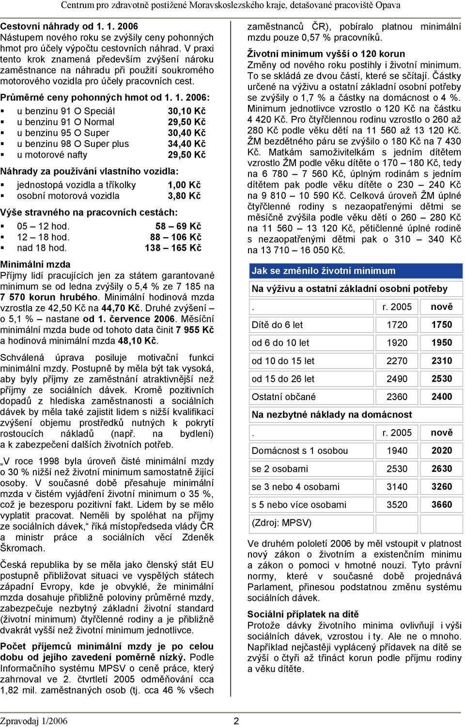 1. 2006: u benzinu 91 O Speciál 30,10 Kč u benzinu 91 O Normal 29,50 Kč u benzinu 95 O Super 30,40 Kč u benzinu 98 O Super plus 34,40 Kč u motorové nafty 29,50 Kč Náhrady za používání vlastního