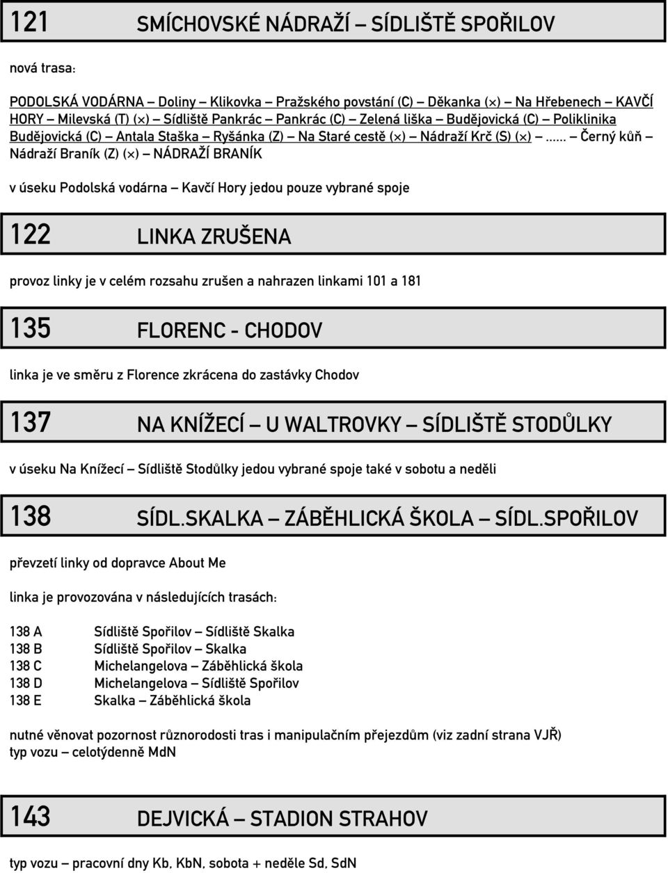 .. Černý kůň Nádraží Braník (Z) ( ) NÁDRAŽÍ BRANÍK v úseku Podolská vodárna Kavčí Hory jedou pouze vybrané spoje 122 LINKA ZRUŠENA provoz linky je v celém rozsahu zrušen a nahrazen linkami 101 a 181