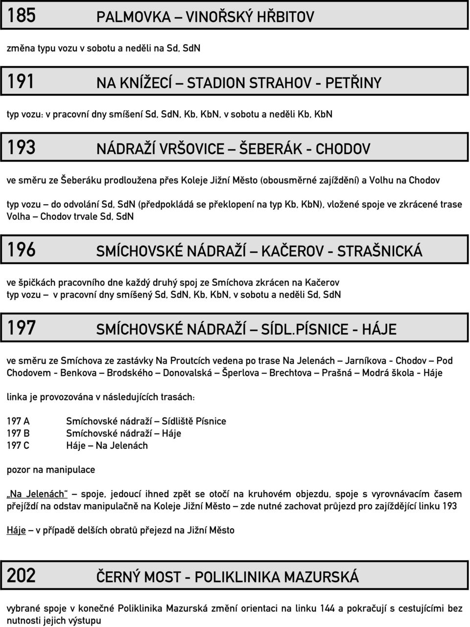 KbN), vložené spoje ve zkrácené trase Volha Chodov trvale Sd, SdN 196 SMÍCHOVSKÉ NÁDRAŽÍ KAČEROV - STRAŠNICKÁ ve špičkách pracovního dne každý druhý spoj ze Smíchova zkrácen na Kačerov typ vozu v