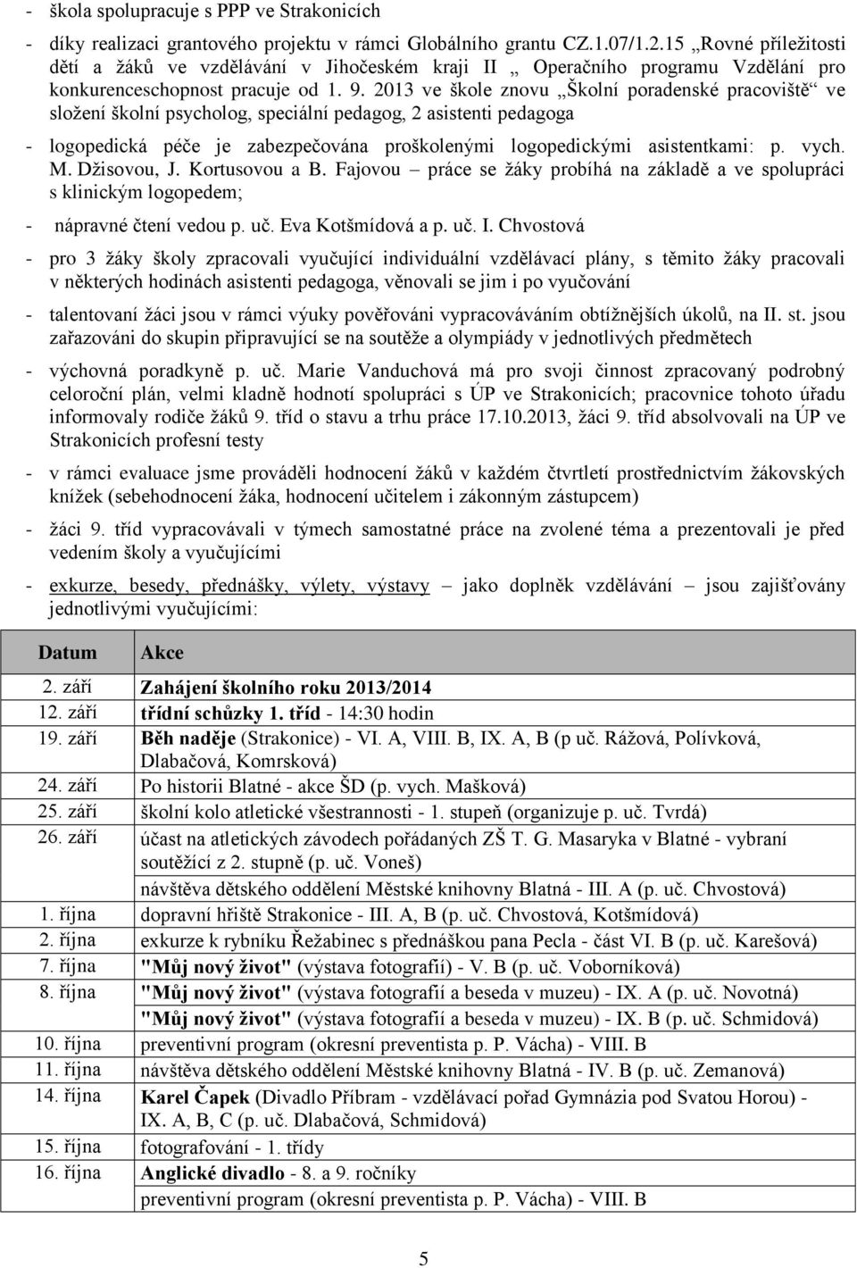 2013 ve škole znovu Školní poradenské pracoviště ve složení školní psycholog, speciální pedagog, 2 asistenti pedagoga - logopedická péče je zabezpečována proškolenými logopedickými asistentkami: p.