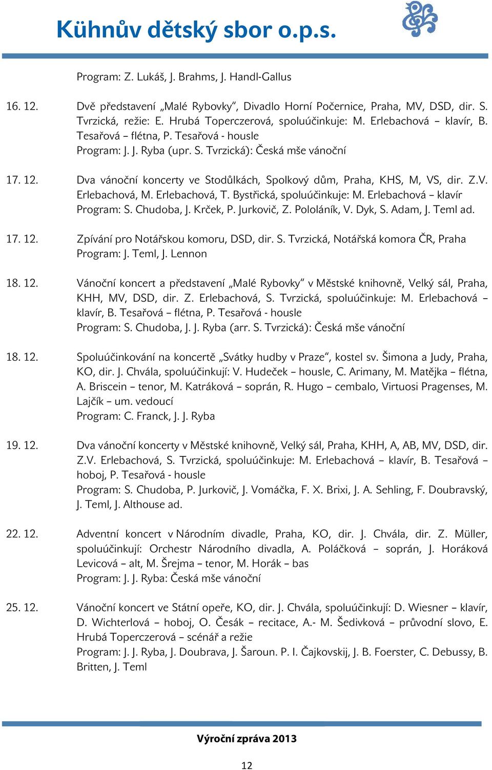 Z.V. Erlebachová, M. Erlebachová, T. Bystřická, spoluúčinkuje: M. Erlebachová klavír Program: S. Chudoba, J. Krček, P. Jurkovič, Z. Pololáník, V. Dyk, S. Adam, J. Teml ad. 17. 12.