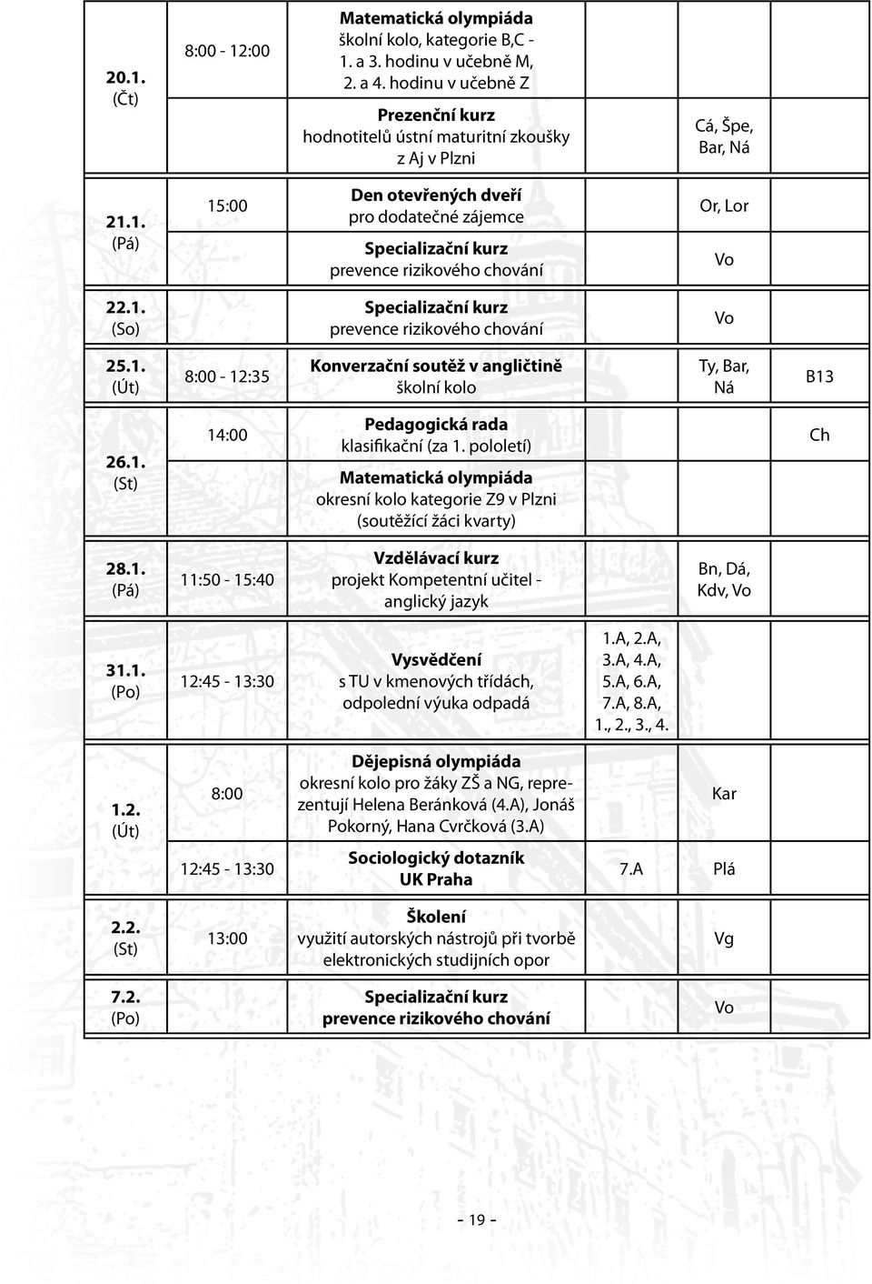 Or, Lor Vo 2 (So) Specializační kurz prevence rizikového chování Vo 25. (Út) 8:00-12:35 Konverzační soutěž v angličtině školní kolo Ty, Bar, Ná B13 26.