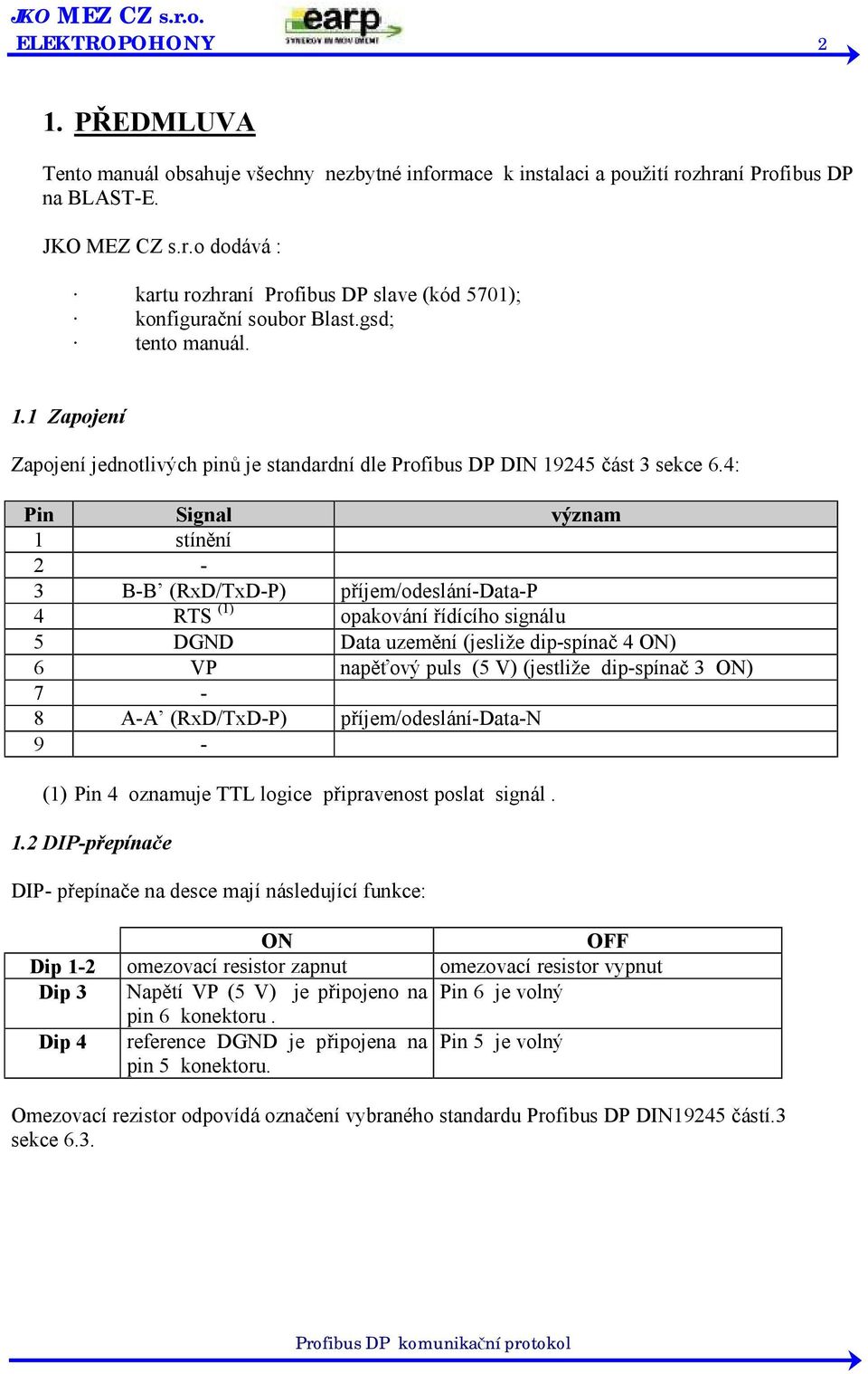 4: Pin Signal význam 1 stínění 2-3 B-B (RxD/TxD-P) příjem/odeslání-data-p 4 RTS (1) opakování řídícího signálu 5 DGND Data uzemění (jesliže dip-spínač 4 ON) 6 VP napěťový puls (5 V) (jestliže