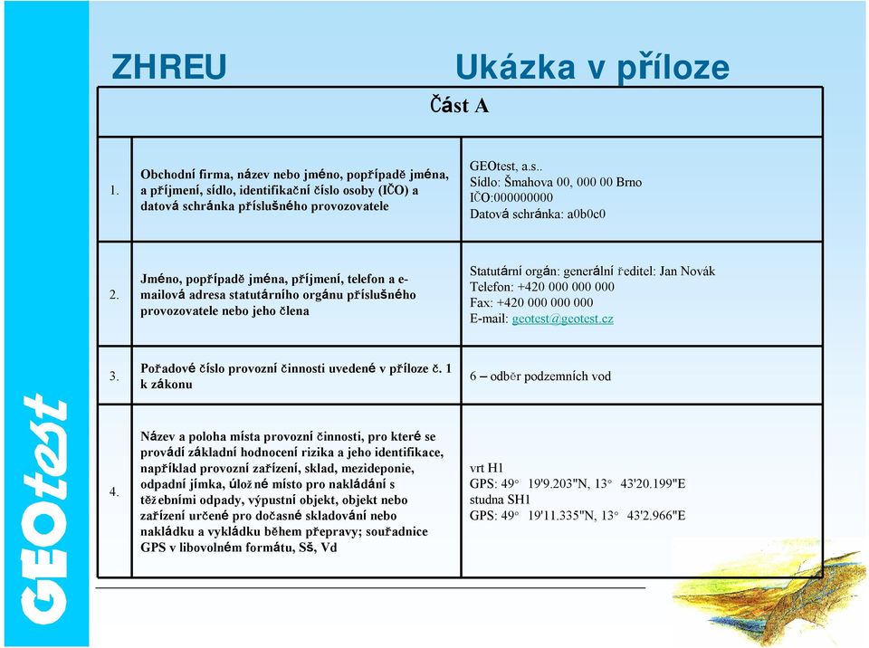 Fax: +420 000 000000 E-mail: geotest@geotest.cz 3. Pořadové číslo provozní činnosti uvedené v příloze č. 1 kzákonu 6 odběr podzemních vod 4.