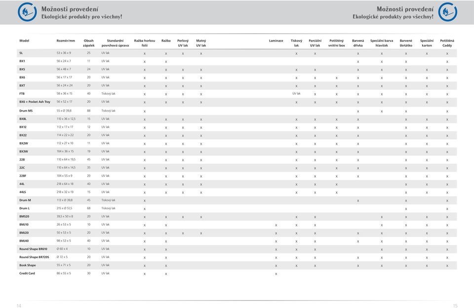 56 x 17 x 17 20 x x x x x x x x x x x x BXT 56 x 24 x 24 20 x x x x x x x x x x x x FTB 58 x 36 x 15 40 Tiskový lak x x x x x x x x x x x BX6 + Pocket Ash Tray 56 x 52 x 17 20 x x x x x x x x x x x x