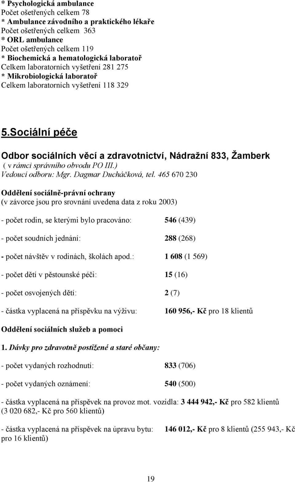 Sociální péče Odbor sociálních věcí a zdravotnictví, Nádražní 833, Žamberk ( v rámci správního obvodu PO III.) Vedoucí odboru: Mgr. Dagmar Ducháčková, tel.