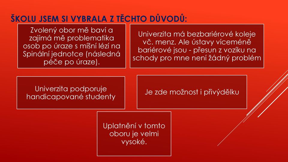 Ale ústavy víceméně bariérové jsou - přesun z vozíku na schody pro mne není žádný problém Univerzita