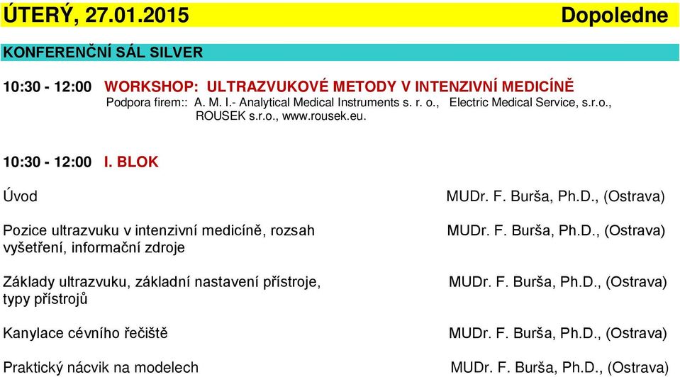 BLOK Úvod Pozice ultrazvuku v intenzivní medicíně, rozsah vyšetření, informační zdroje Základy ultrazvuku, základní nastavení přístroje, typy přístrojů