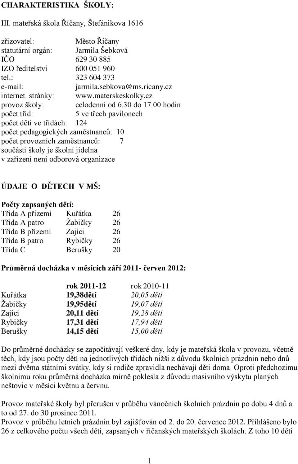 00 hodin počet tříd: 5 ve třech pavilonech počet dětí ve třídách: 124 počet pedagogických zaměstnanců: 10 počet provozních zaměstnanců: 7 součástí školy je školní jídelna v zařízení není odborová