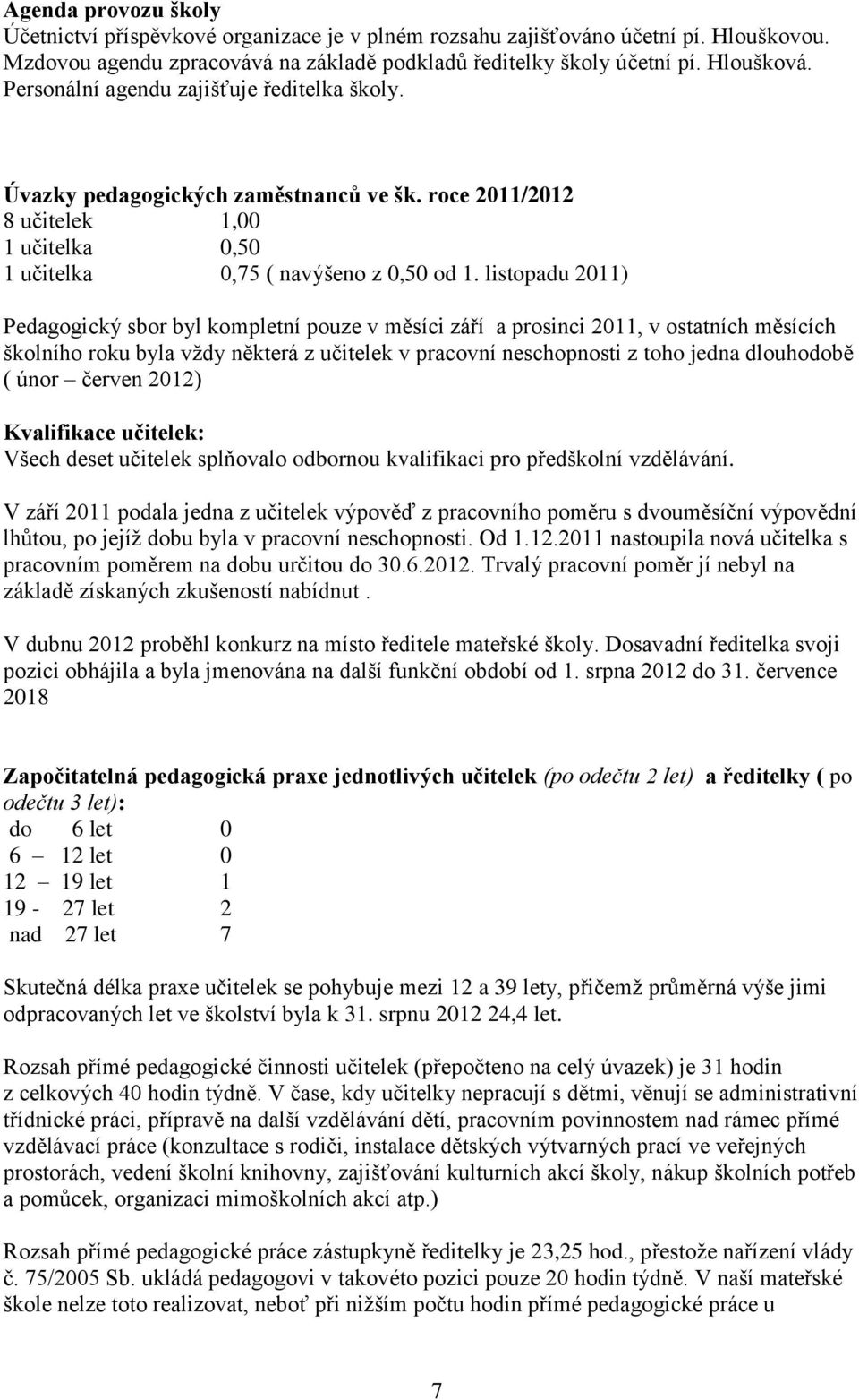 listopadu 2011) Pedagogický sbor byl kompletní pouze v měsíci září a prosinci 2011, v ostatních měsících školního roku byla vţdy některá z učitelek v pracovní neschopnosti z toho jedna dlouhodobě (