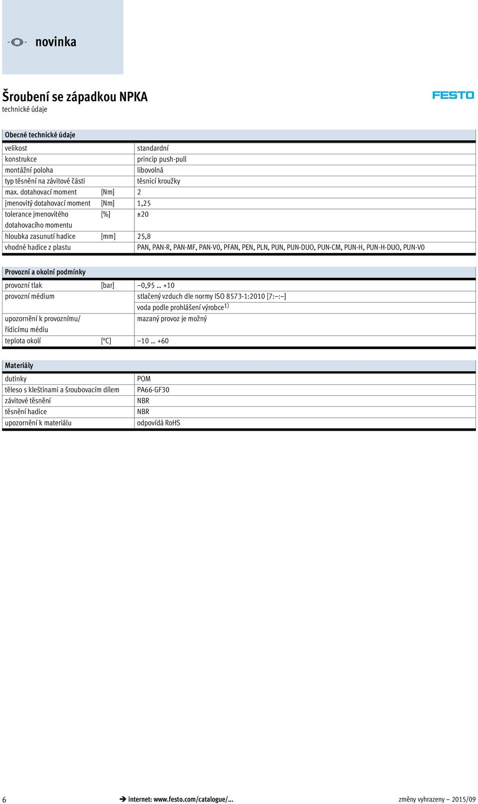 PFAN, PEN, PLN, PUN, PUN-DUO, PUN-CM, PUN-H, PUN-H-DUO, PUN-V0 Provozní a okolní podmínky provozní tlak [bar] 0,95 +10 provozní médium stlačený vzduch dle normy ISO 8573-1:2010 [7: : ] voda podle