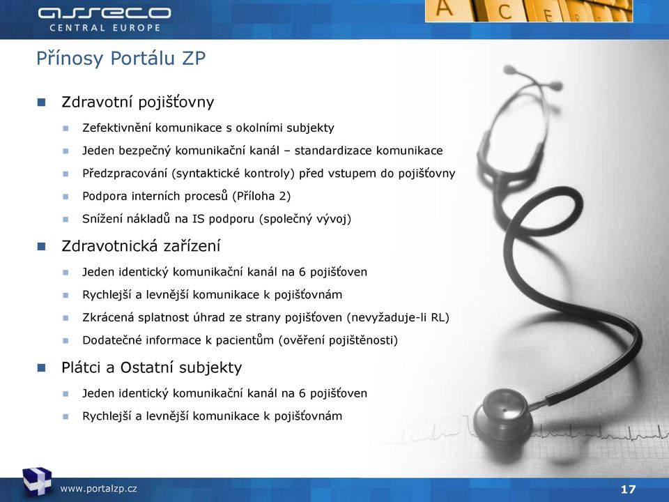 identický komunikační kanál na 6 pojišťoven Rychlejší a levnější komunikace k pojišťovnám Zkrácená splatnost úhrad ze strany pojišťoven (nevyžaduje-li RL)