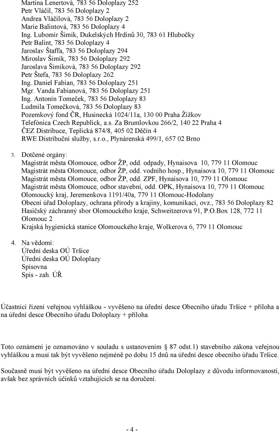 292 Petr Štefa, 783 56 Doloplazy 262 Ing. Daniel Fabian, 783 56 Doloplazy 251 Mgr. Vanda Fabianová, 783 56 Doloplazy 251 Ing.