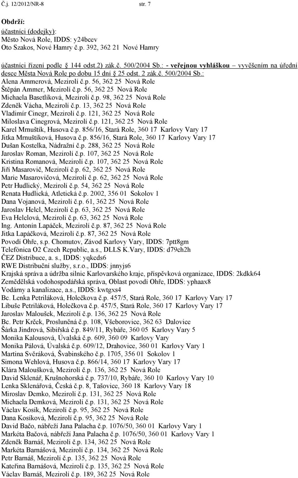 p. 98, 362 25 Nová Role Zdeněk Vácha, Mezirolí č.p. 13, 362 25 Nová Role Vladimír Cinegr, Mezirolí č.p. 121, 362 25 Nová Role Miloslava Cinegrová, Mezirolí č.p. 121, 362 25 Nová Role Karel Mrnuštík, Husova č.