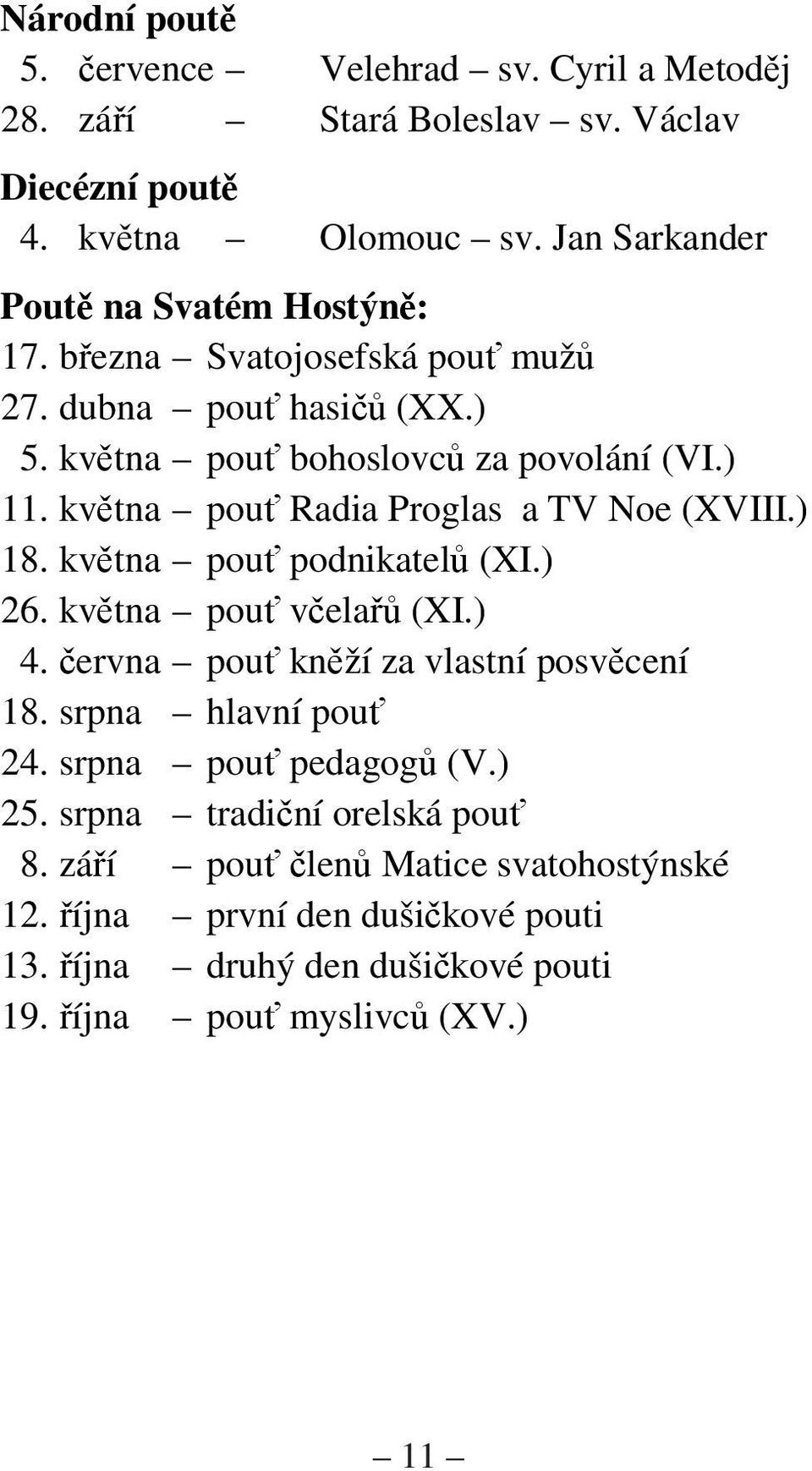 kvtna pou Radia Proglas a TV Noe (XVIII.) 18. kvtna pou podnikatel (XI.) 26. kvtna pou vela (XI.) 4. ervna pou knží za vlastní posvcení 18.