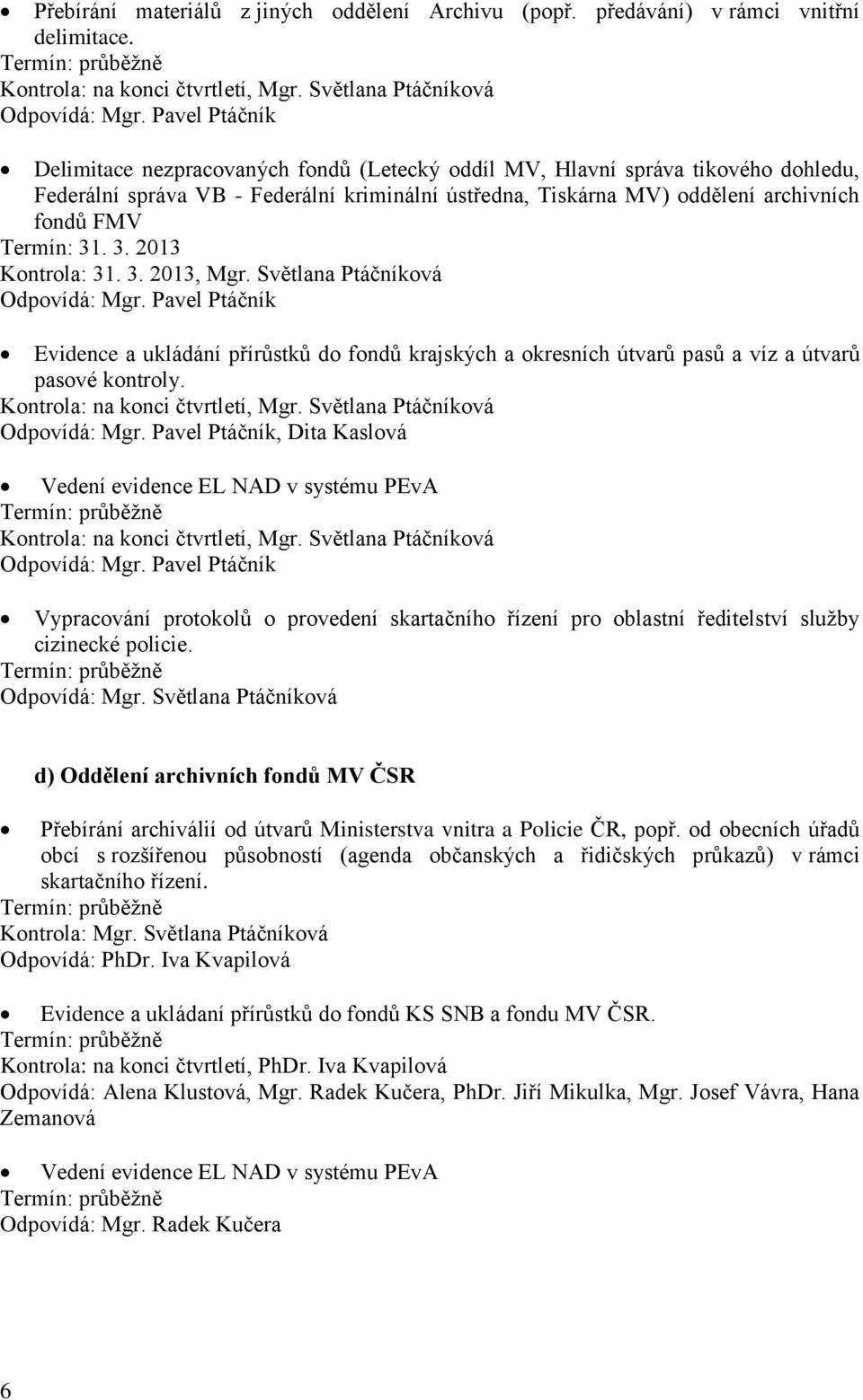 Termín: 31. 3. Kontrola: 31. 3., Mgr. Světlana Ptáčníková Odpovídá: Mgr. Pavel Ptáčník Evidence a ukládání přírůstků do fondů krajských a okresních útvarů pasů a víz a útvarů pasové kontroly.