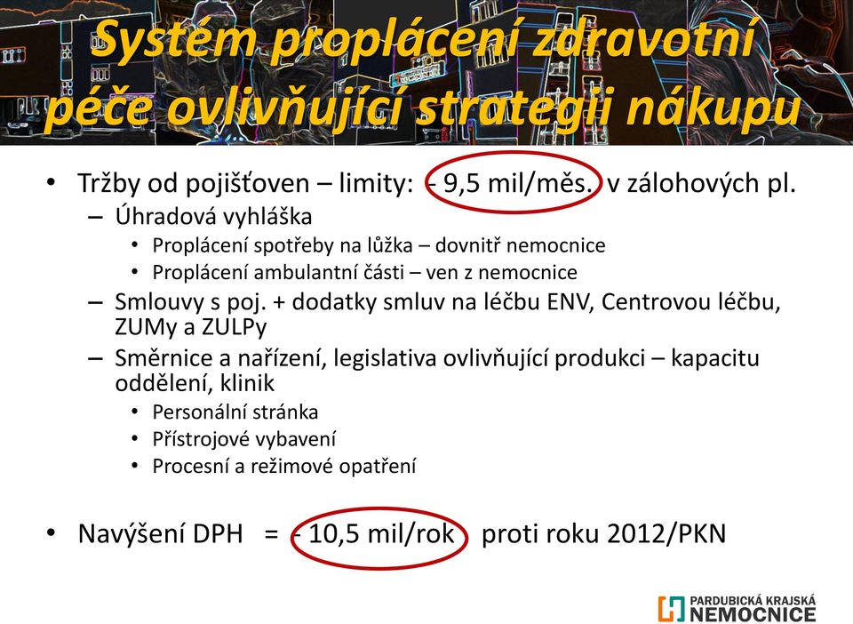 + dodatky smluv na léčbu ENV, Centrovou léčbu, ZUMy a ZULPy Směrnice a nařízení, legislativa ovlivňující produkci kapacitu