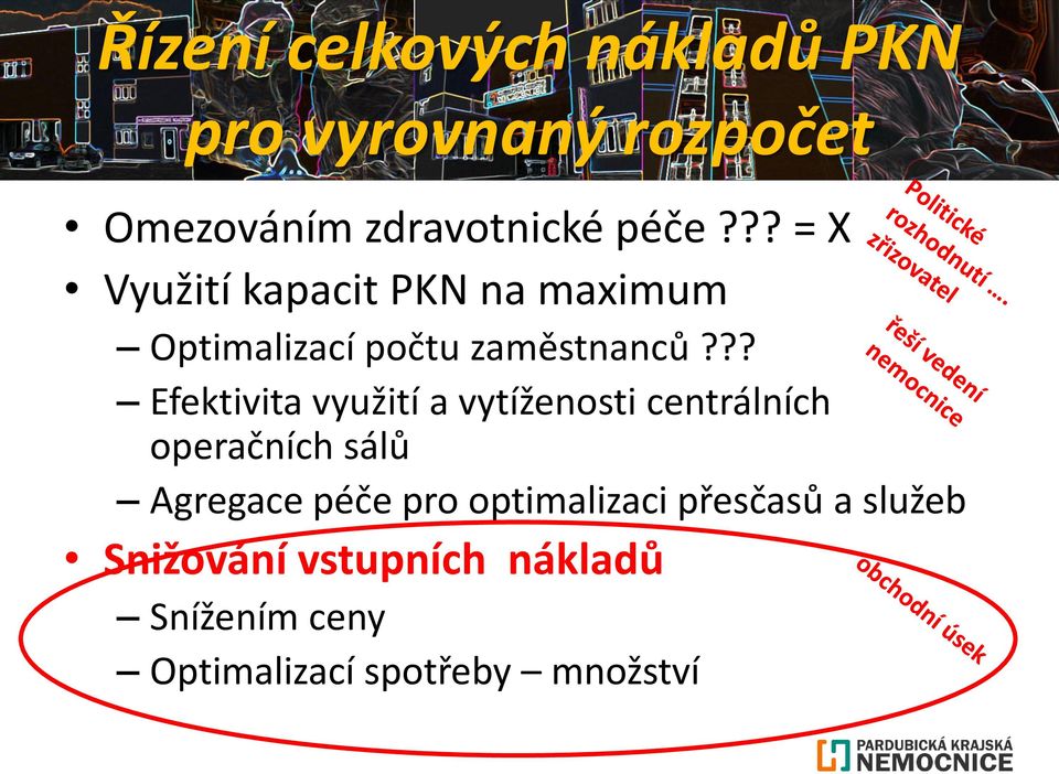 ?? Efektivita využití a vytíženosti centrálních operačních sálů Agregace péče pro