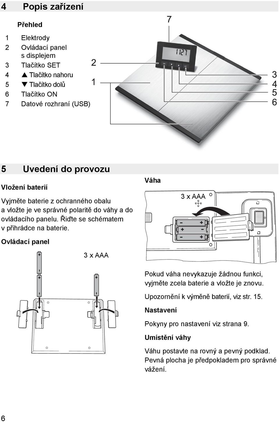 Řiďte se schématem v přihrádce na baterie. Ovládací panel 3 x AAA Váha 3 x AAA Pokud váha nevykazuje žádnou funkci, vyjměte zcela baterie a vložte je znovu.