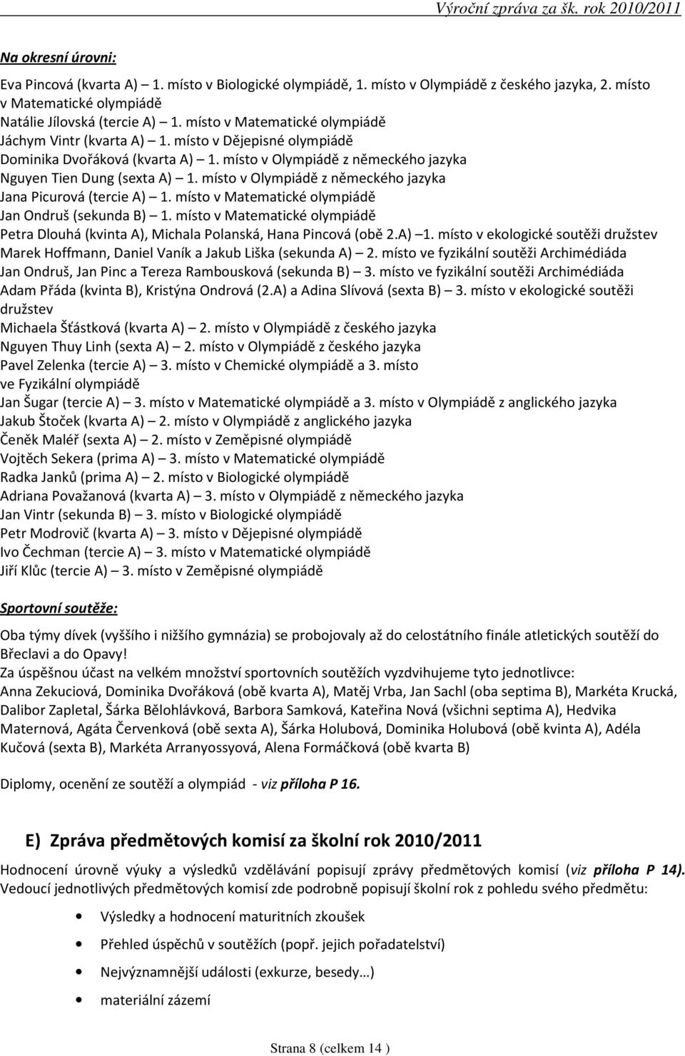 místo v Olympiádě z německého jazyka Jana Picurová (tercie A) 1. místo v Matematické olympiádě Jan Ondruš (sekunda B) 1.