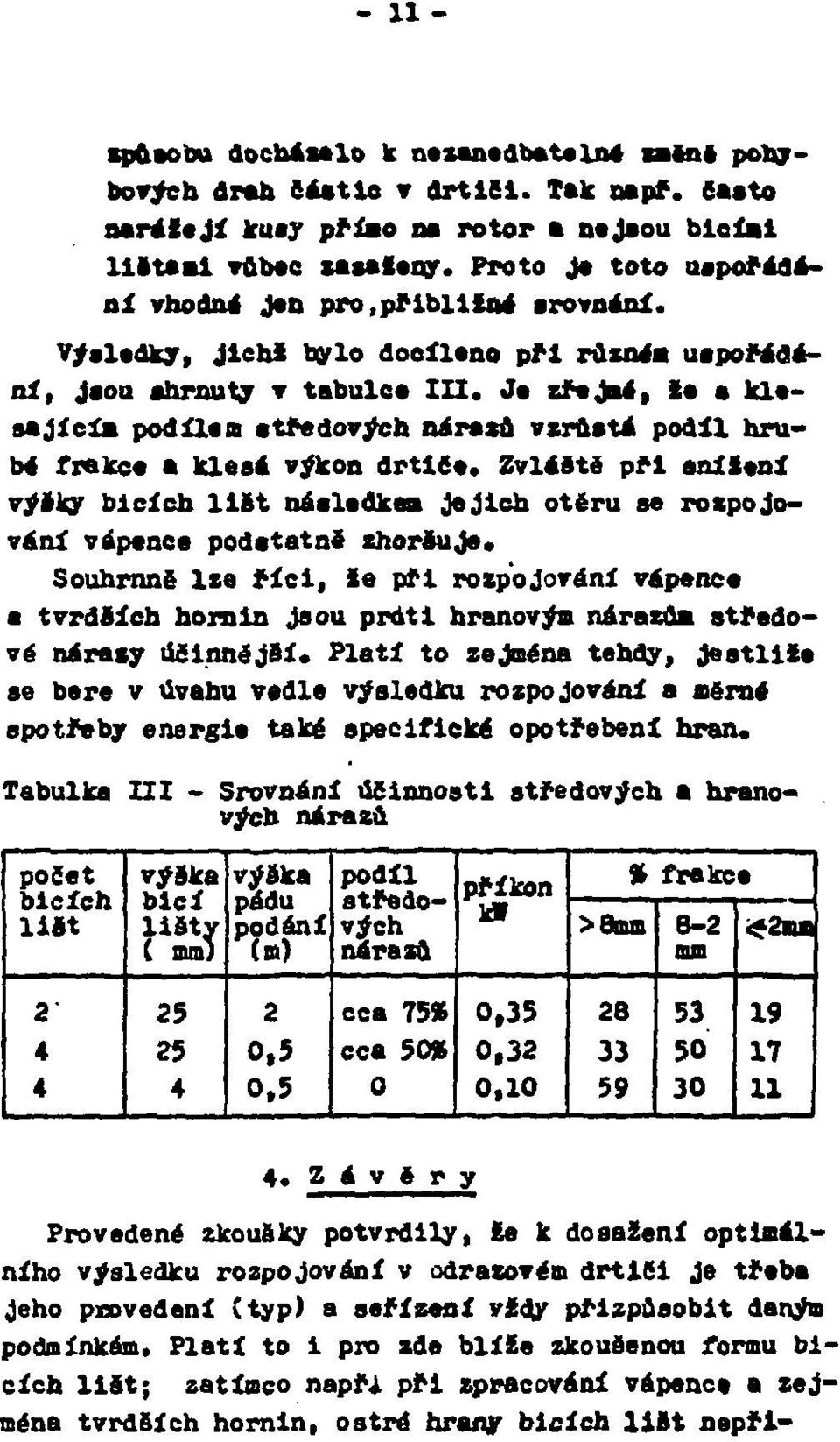 Je zřejmé, te a klesajícím podílem etředovych nárazů vzrůstá podíl hrubá frakce a klesá výkon drtice.