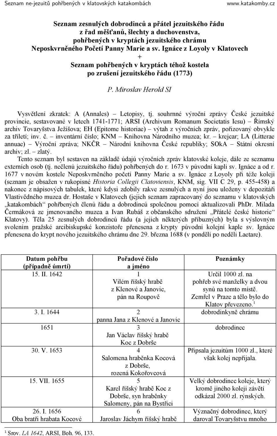 souhrnné výroční zprávy České jezuitské provincie, sestavované v letech 1741-1771; ARSI (Archivum Romanum Societatis Iesu) Římský archiv Tovaryšstva Ježíšova; EH (Epitome historiae) výtah z výročních