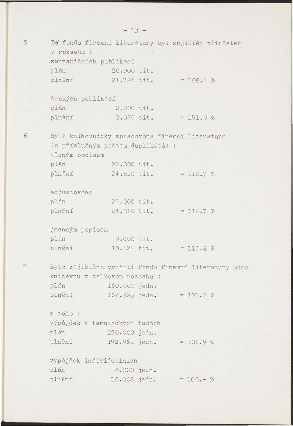 810 tit. = 112.7 % jmenným poplsem plán plněni 9.000 tito 1').422 tito = 115.8 % 7 Bylo zajištěno využiti fondů firemni literatury mlm~ knihovnu v celkovém rozsahu : plán plněni 160.