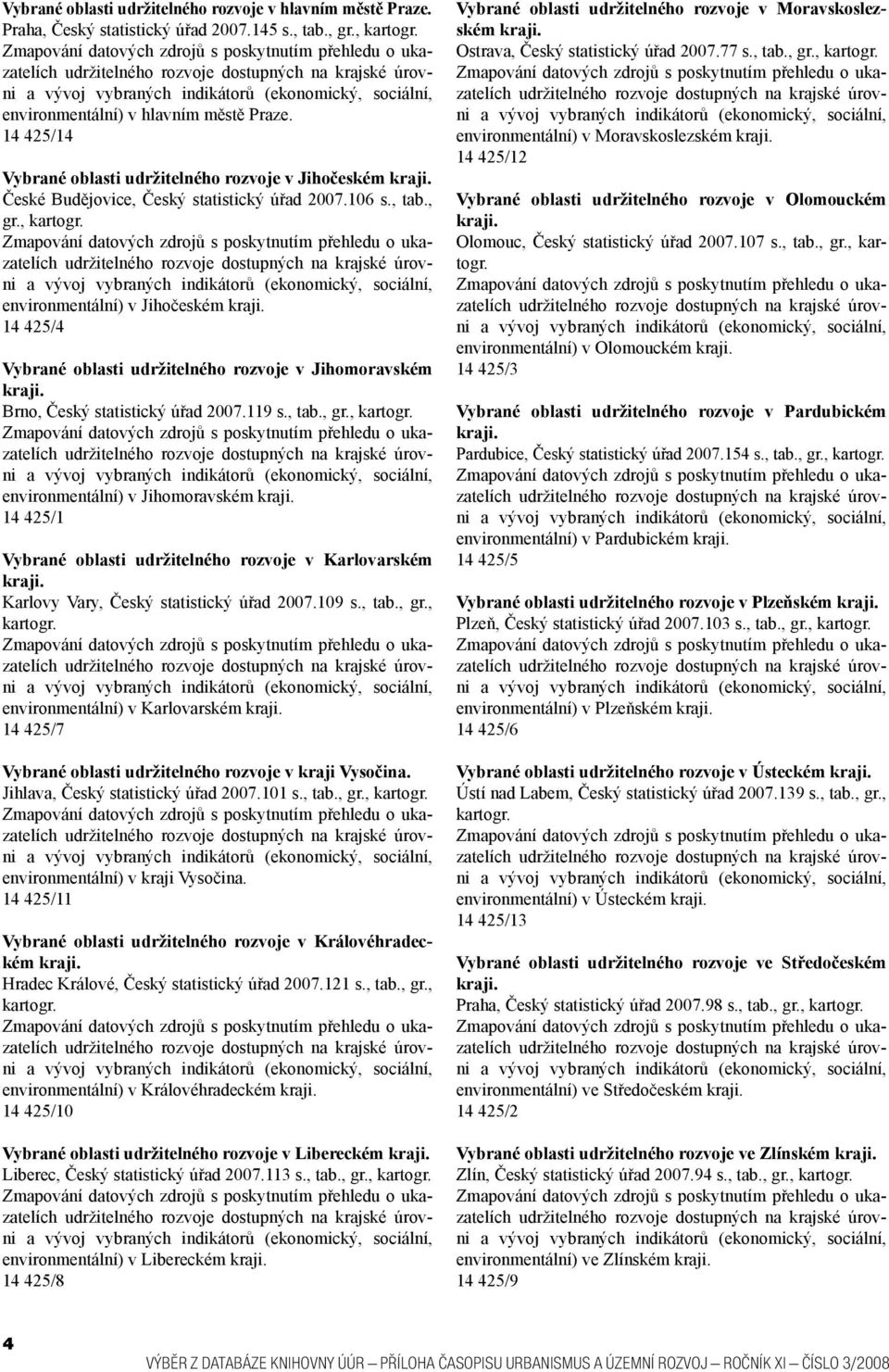 14 425/4 Vybrané oblasti udržitelného rozvoje v Jihomoravském kraji. Brno, Český statistický úřad 2007.119 s., tab., gr., kartogr. environmentální) v Jihomoravském kraji.