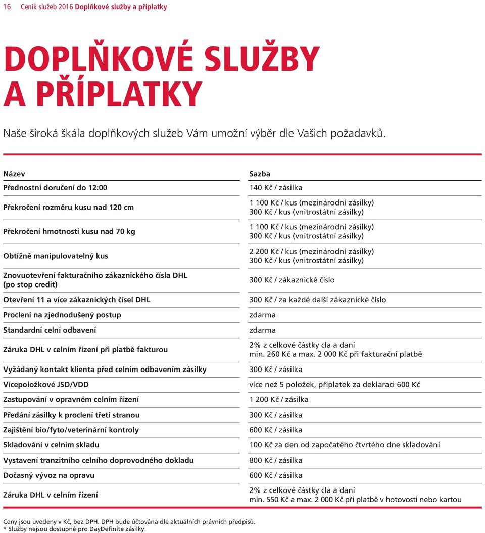 credit) Otevření 11 a více zákaznických čísel DHL Proclení na zjednodušený postup Standardní celní odbavení Záruka DHL v celním řízení při platbě fakturou Vyžádaný kontakt klienta před celním