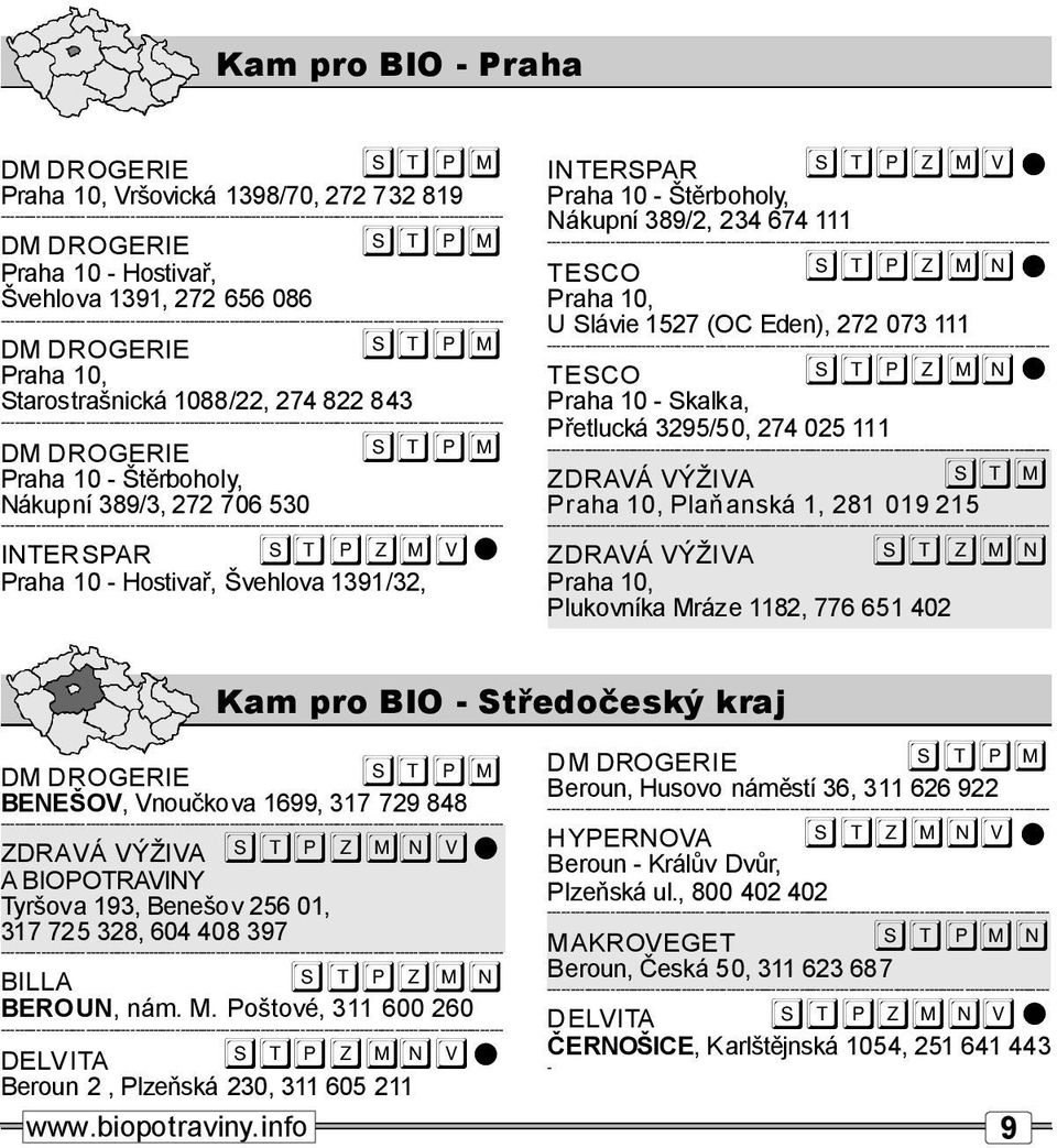 Plaňaská 1, 281 019215 ZDRAVÁ VÝŽIVA Praha10, Plukovíka Mráze1182,776651402 Berou 2,Plzeňská 230,311605 211 www.biopotraviy.ifo.